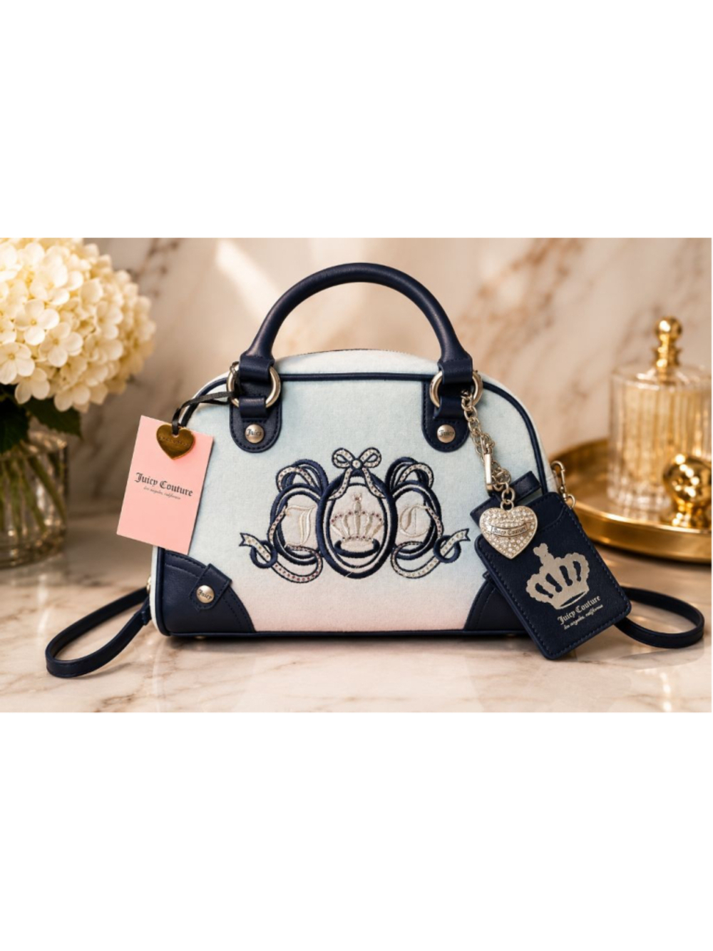 Juicy Couture Bowler Bag with Card Holder and Bag Charm Light Blue Navy Blue